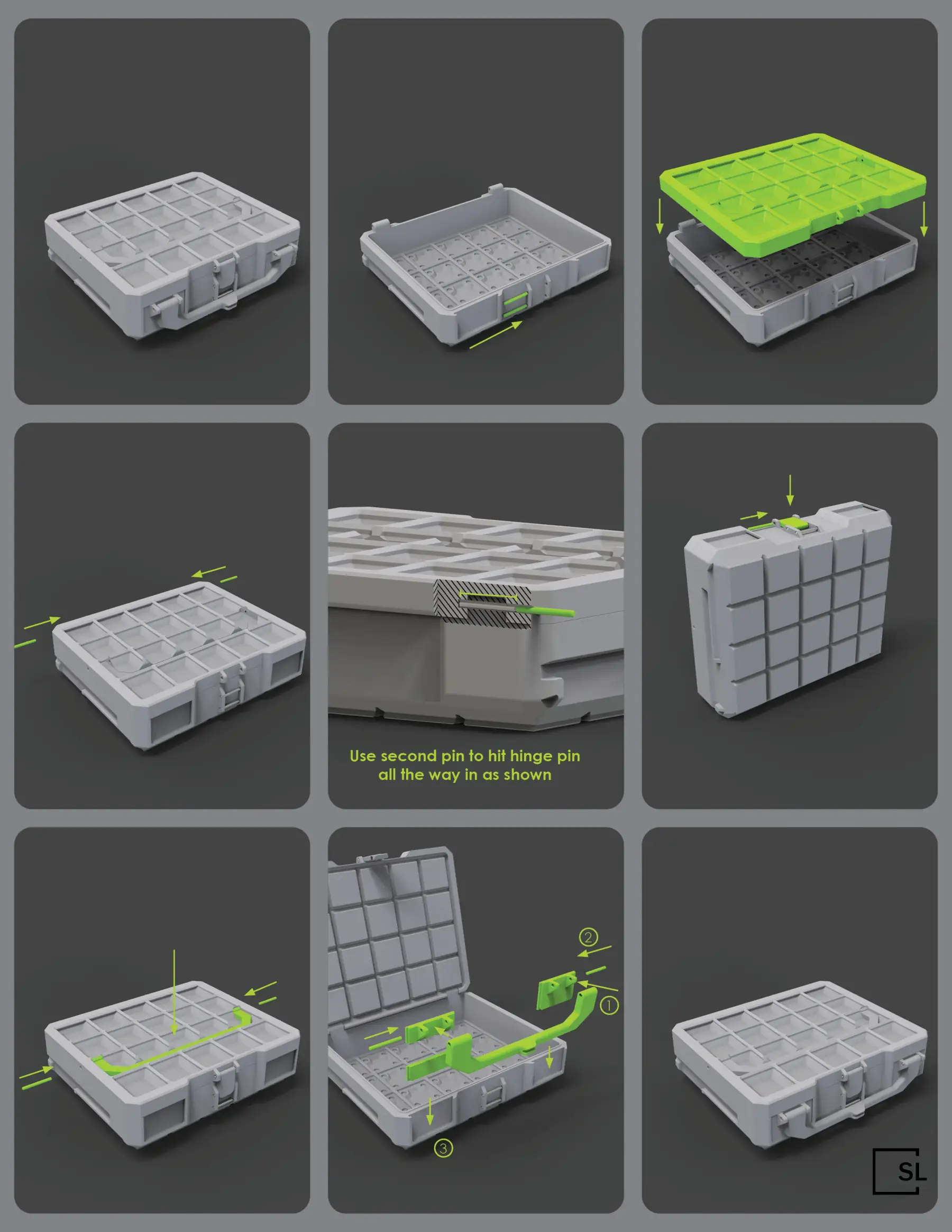 Graphite Modular storage system showing stacked configurations in a workshop